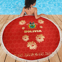 Bolivia National Emblem Beach Blanket with Floral Pattern and Red Folk Design