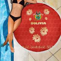 Bolivia National Emblem Beach Blanket with Floral Pattern and Red Folk Design