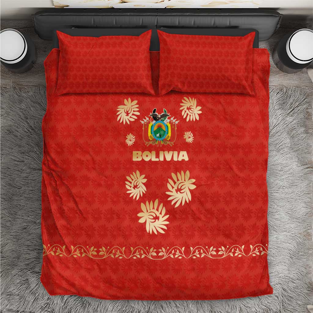Bolivia National Emblem Bedding Set with Floral Pattern and Red Folk Design