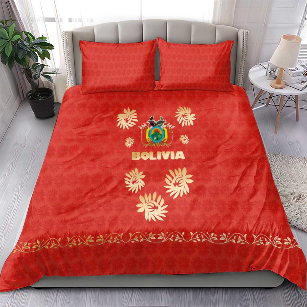 Bolivia National Emblem Bedding Set with Floral Pattern and Red Folk Design
