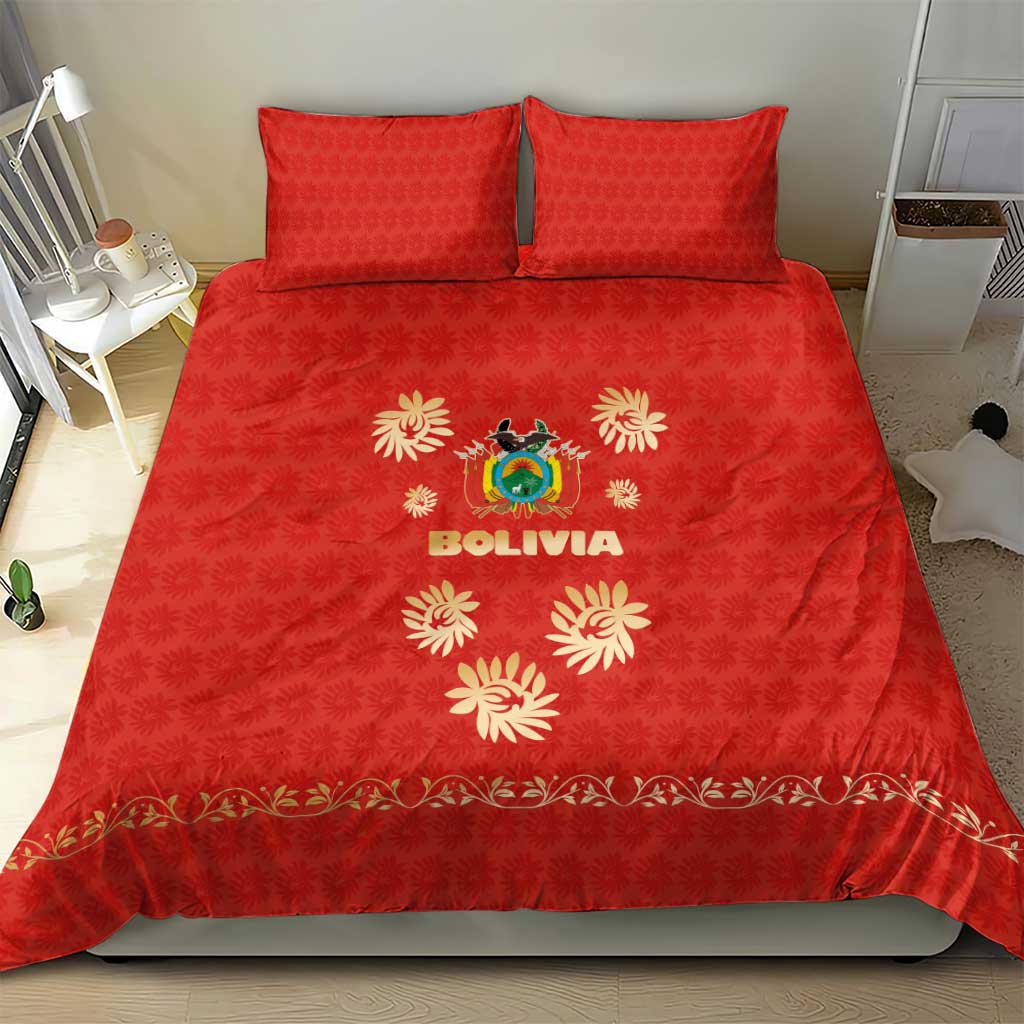 Bolivia National Emblem Bedding Set with Floral Pattern and Red Folk Design