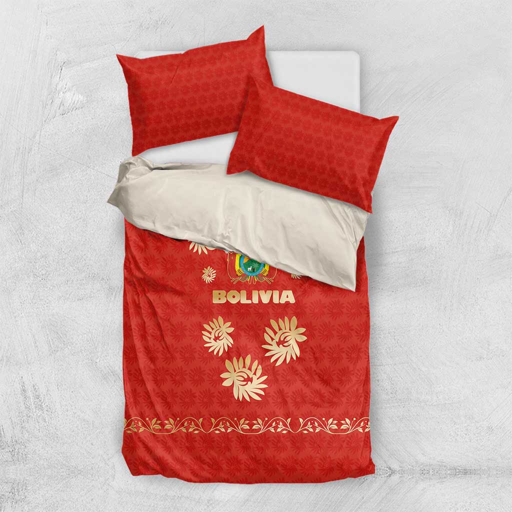 Bolivia National Emblem Bedding Set with Floral Pattern and Red Folk Design