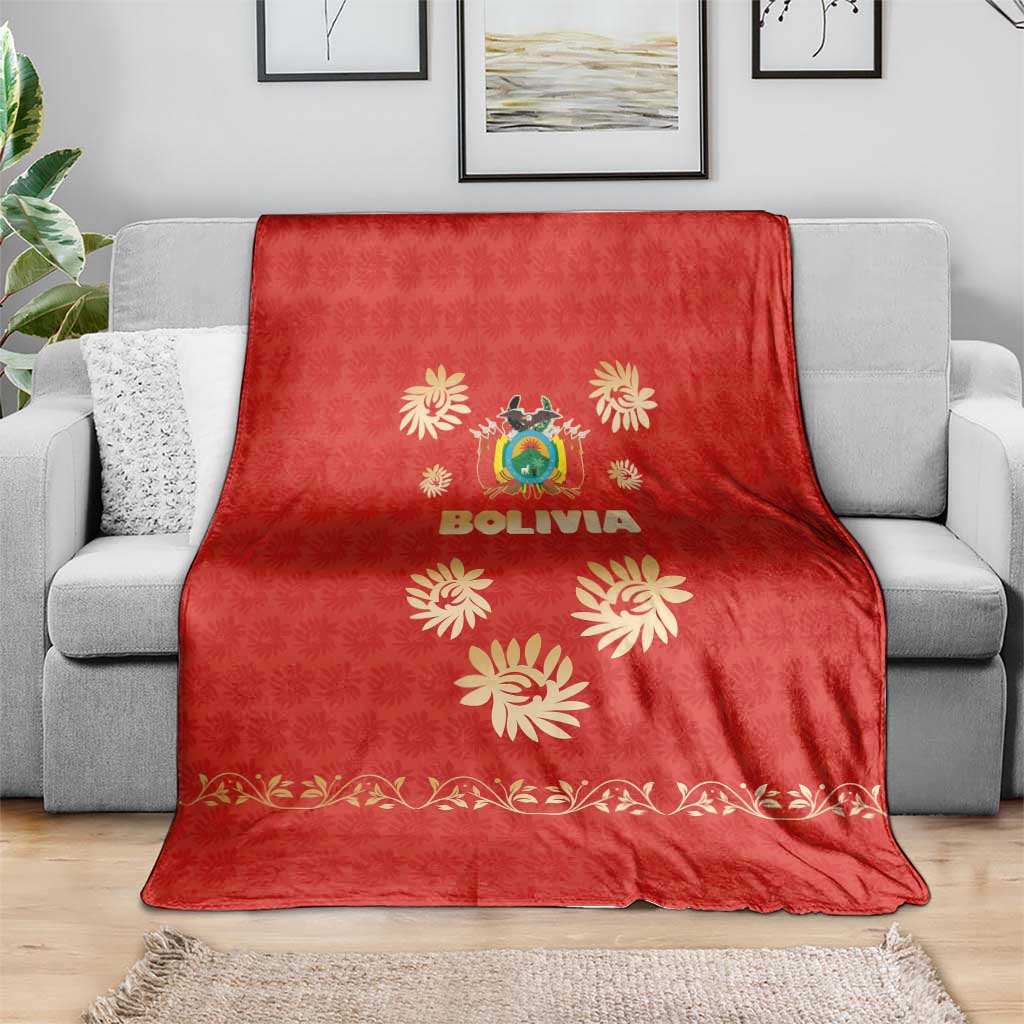Bolivia National Emblem Blanket with Floral Pattern and Red Folk Design