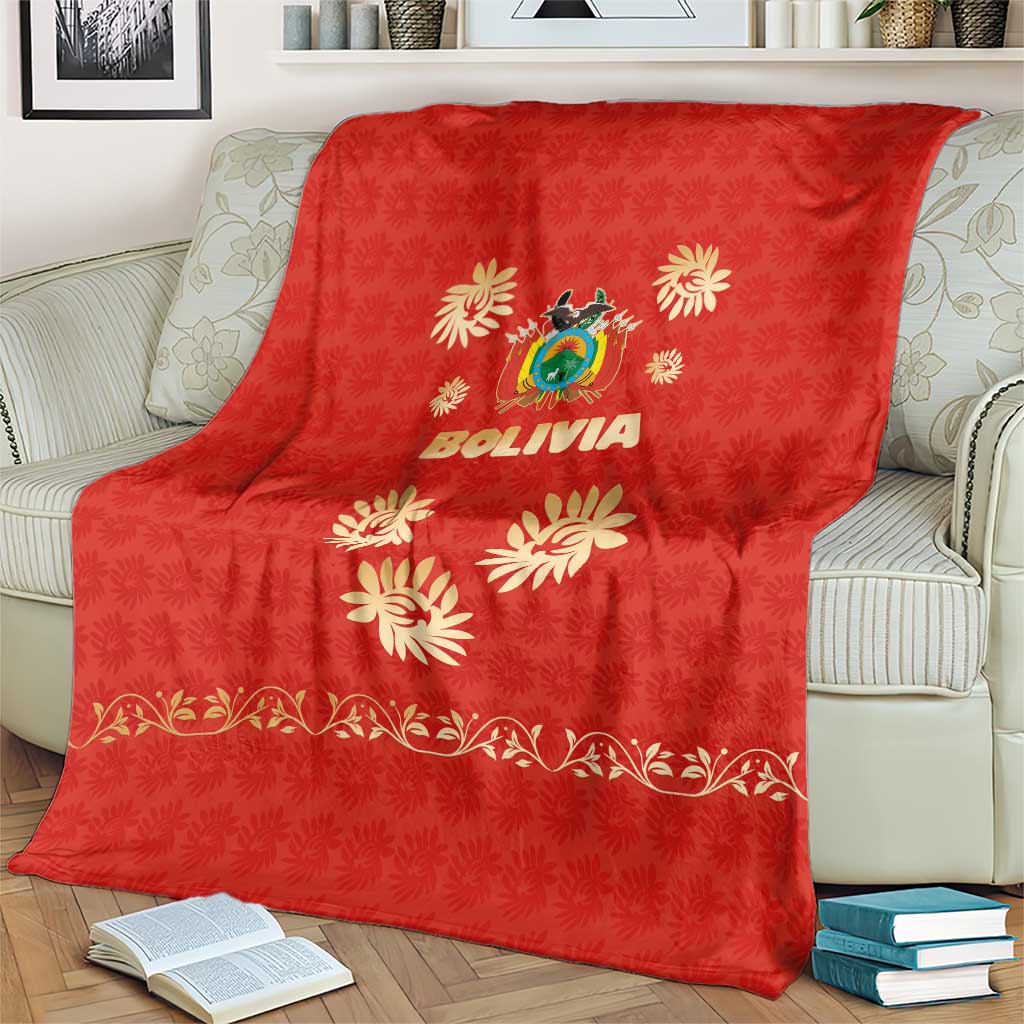 Bolivia National Emblem Blanket with Floral Pattern and Red Folk Design