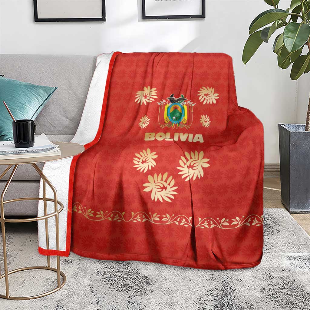 Bolivia National Emblem Blanket with Floral Pattern and Red Folk Design