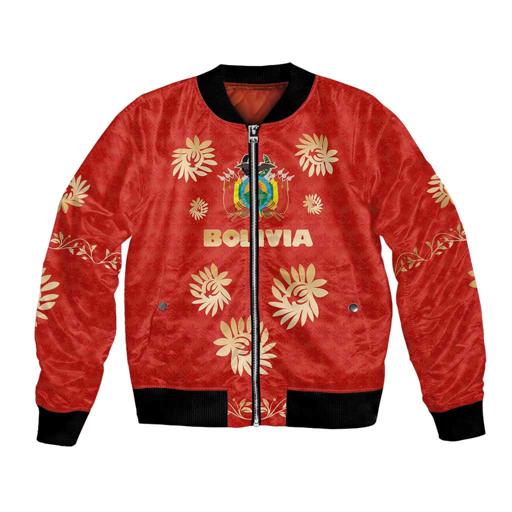 Bolivia National Emblem Bomber Jacket with Floral Pattern and Red Folk Design