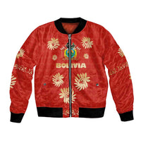 Bolivia National Emblem Bomber Jacket with Floral Pattern and Red Folk Design