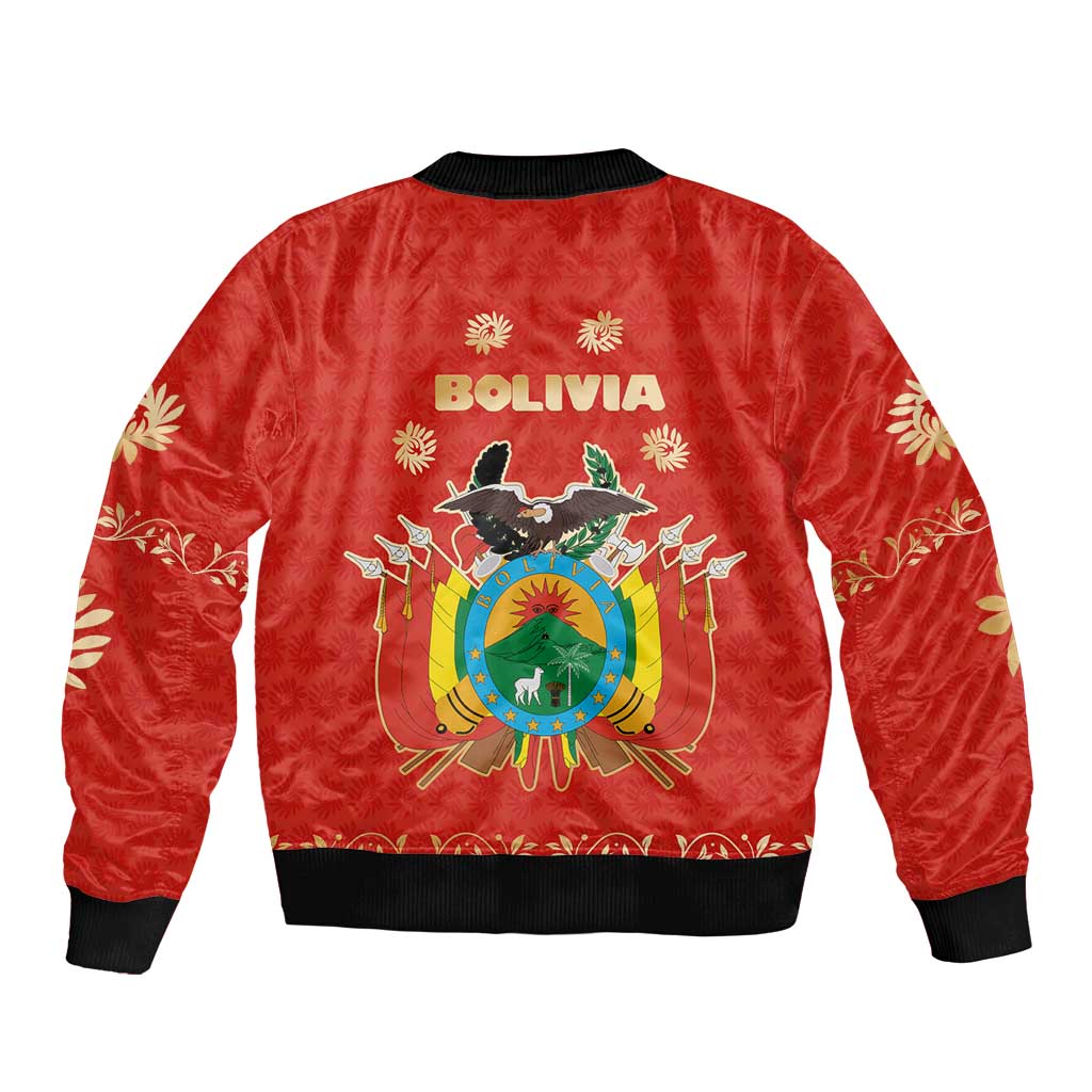 Bolivia National Emblem Bomber Jacket with Floral Pattern and Red Folk Design