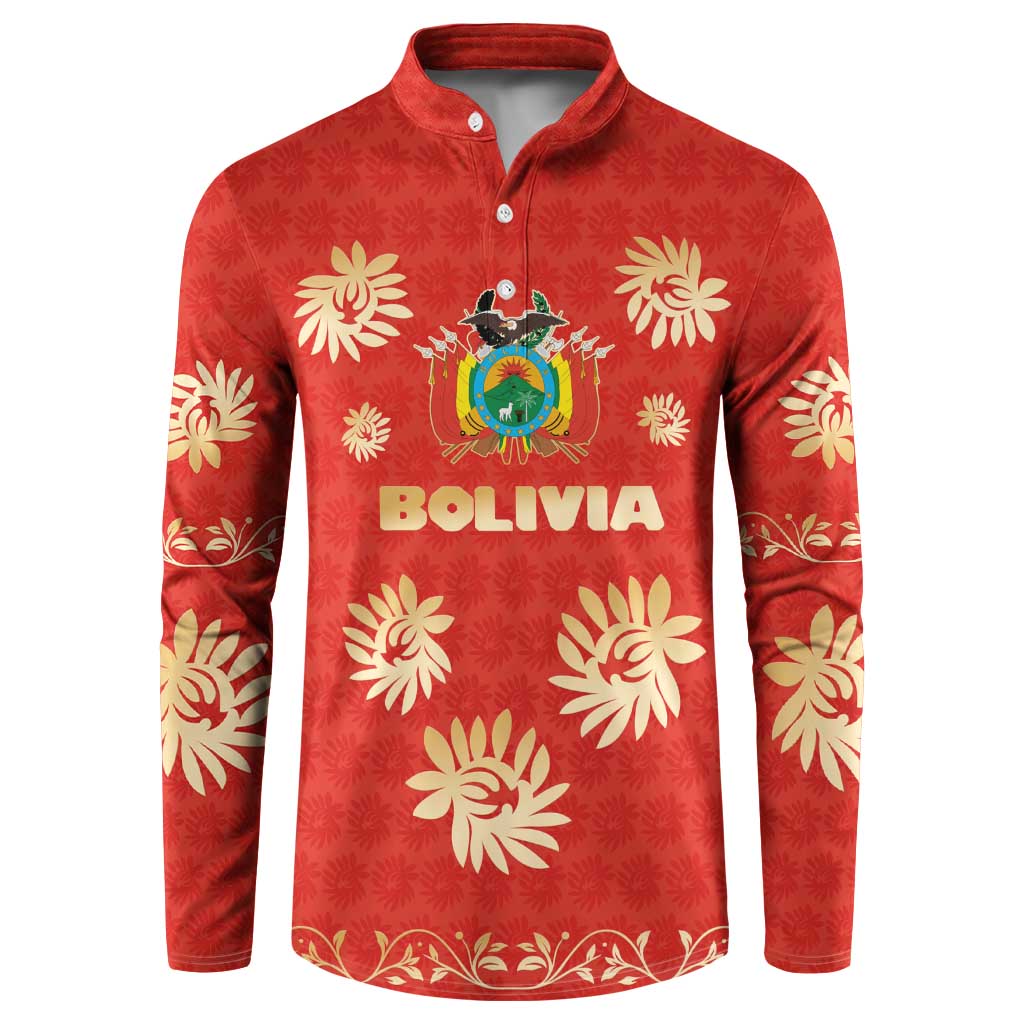 Bolivia National Emblem Button Sweatshirt with Floral Pattern and Red Folk Design