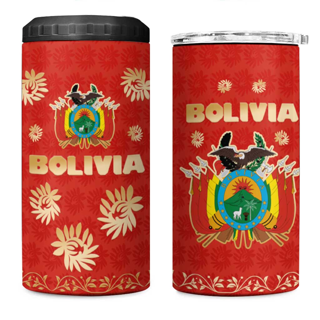 Bolivia National Emblem 4 in 1 Can Cooler Tumbler with Floral Pattern and Red Folk Design