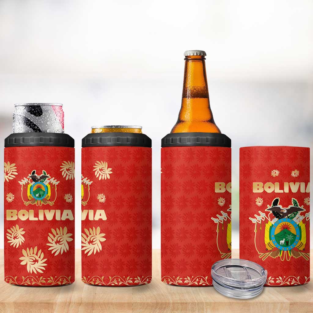 Bolivia National Emblem 4 in 1 Can Cooler Tumbler with Floral Pattern and Red Folk Design