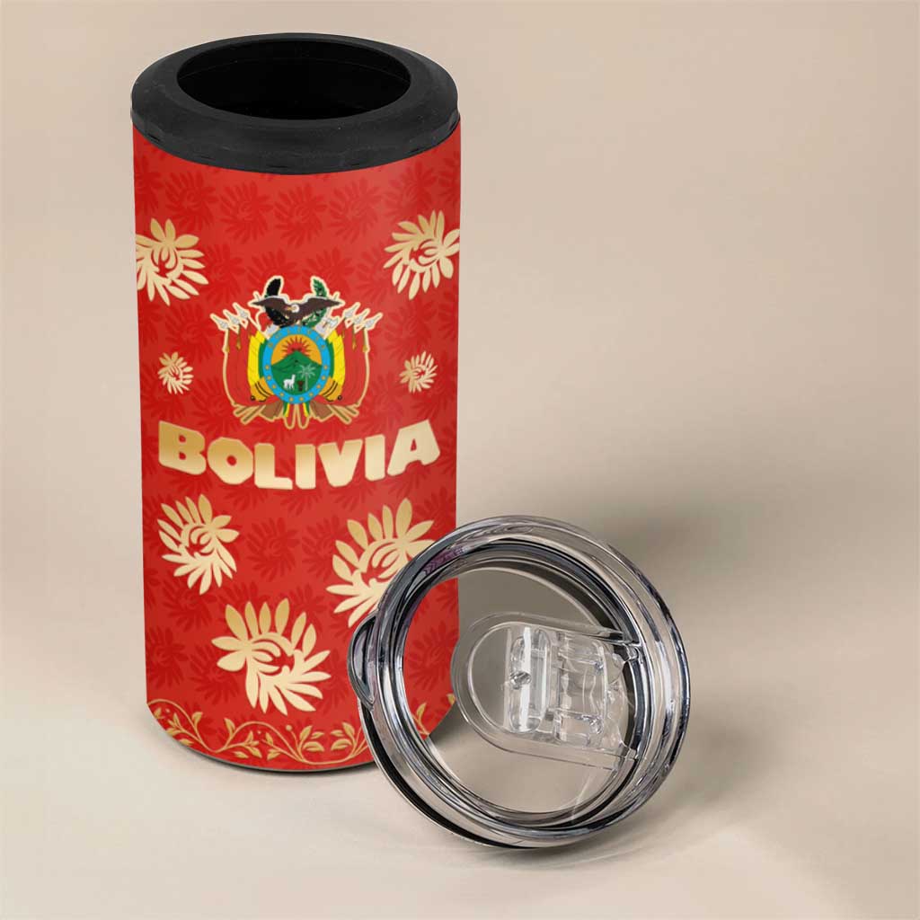 Bolivia National Emblem 4 in 1 Can Cooler Tumbler with Floral Pattern and Red Folk Design
