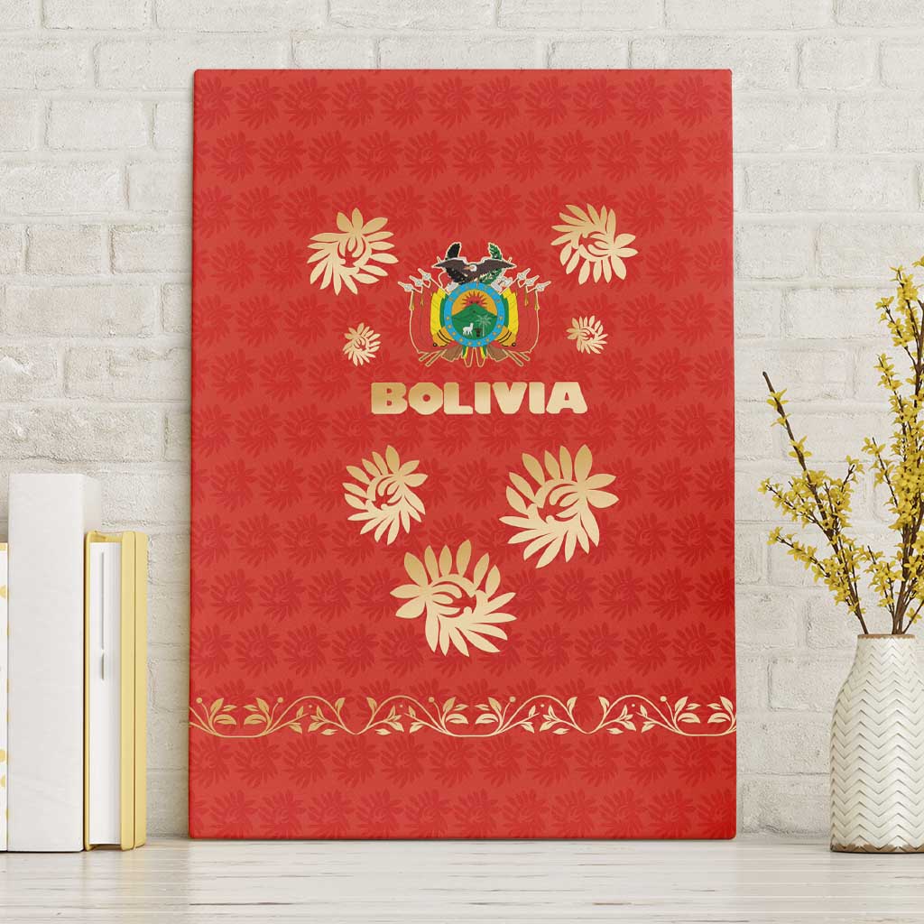 Bolivia National Emblem Canvas Wall Art with Floral Pattern and Red Folk Design