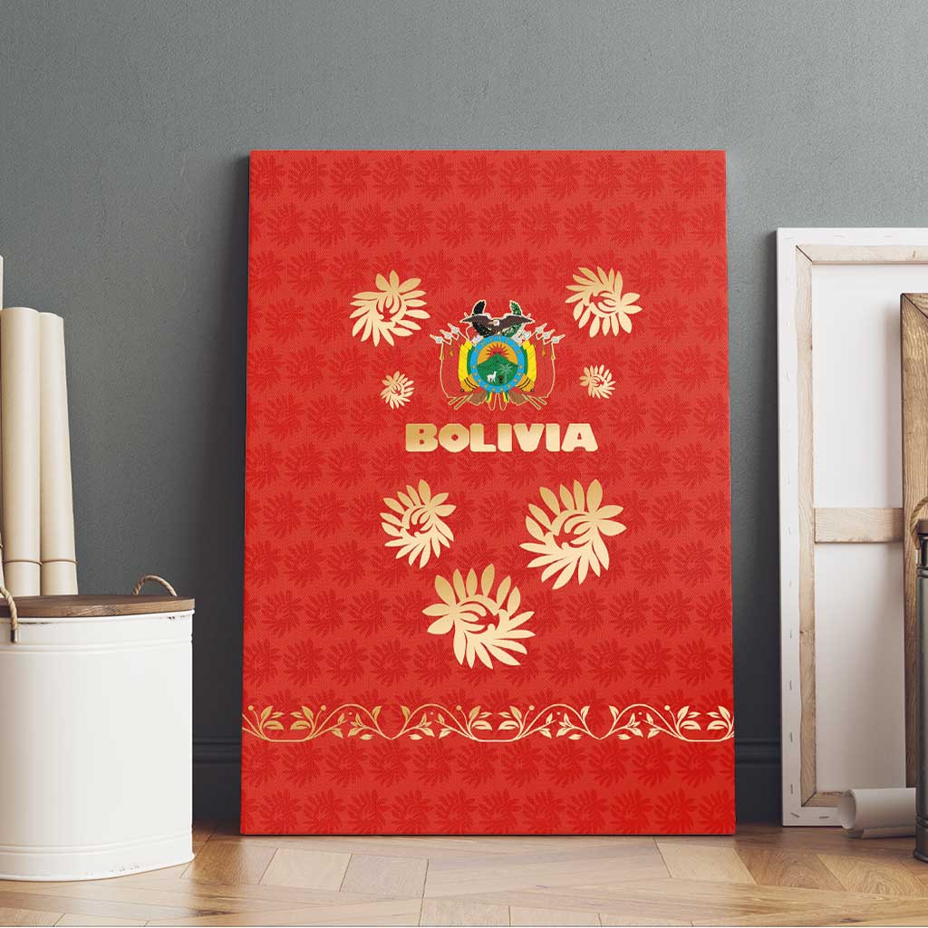 Bolivia National Emblem Canvas Wall Art with Floral Pattern and Red Folk Design