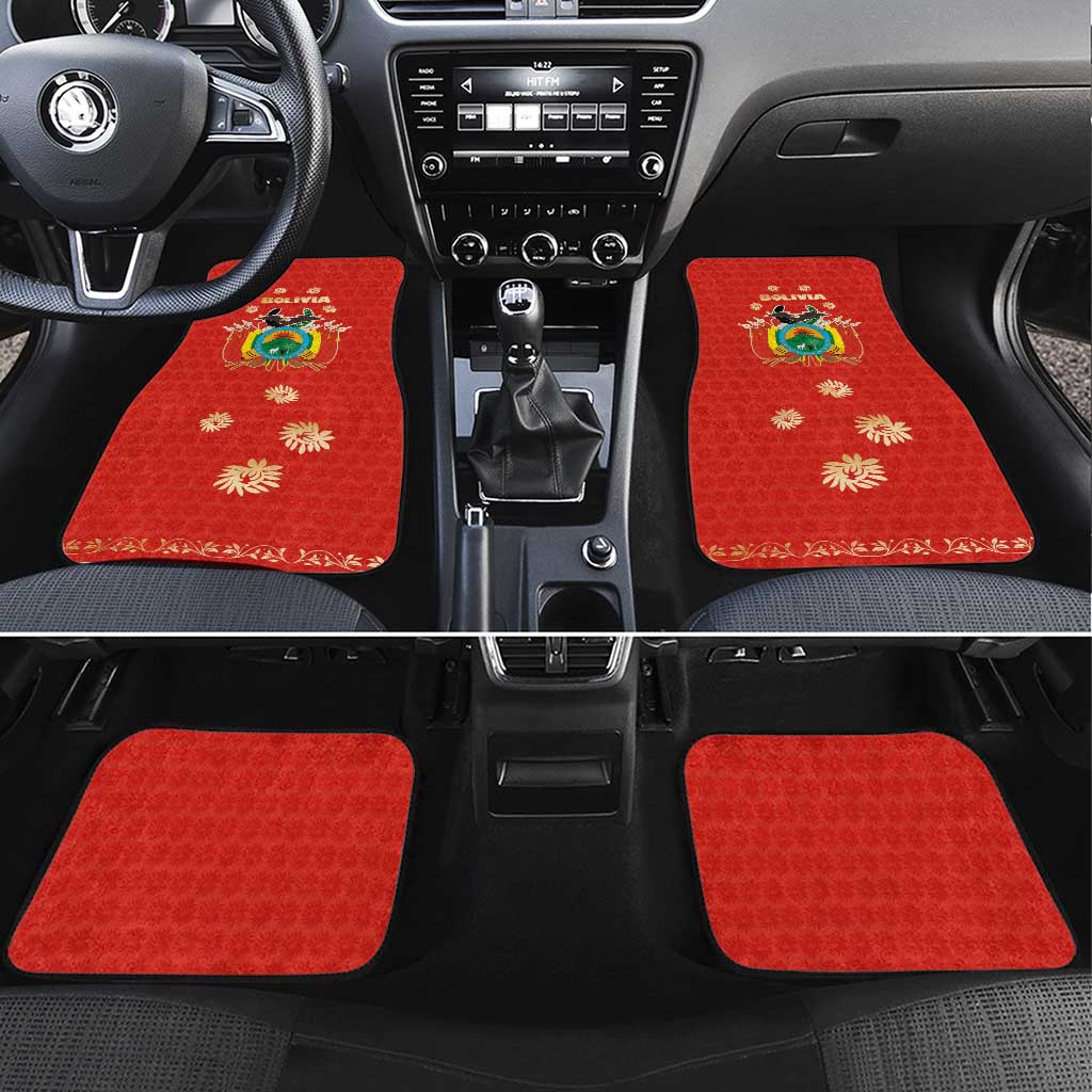 Bolivia National Emblem Car Mats with Floral Pattern and Red Folk Design
