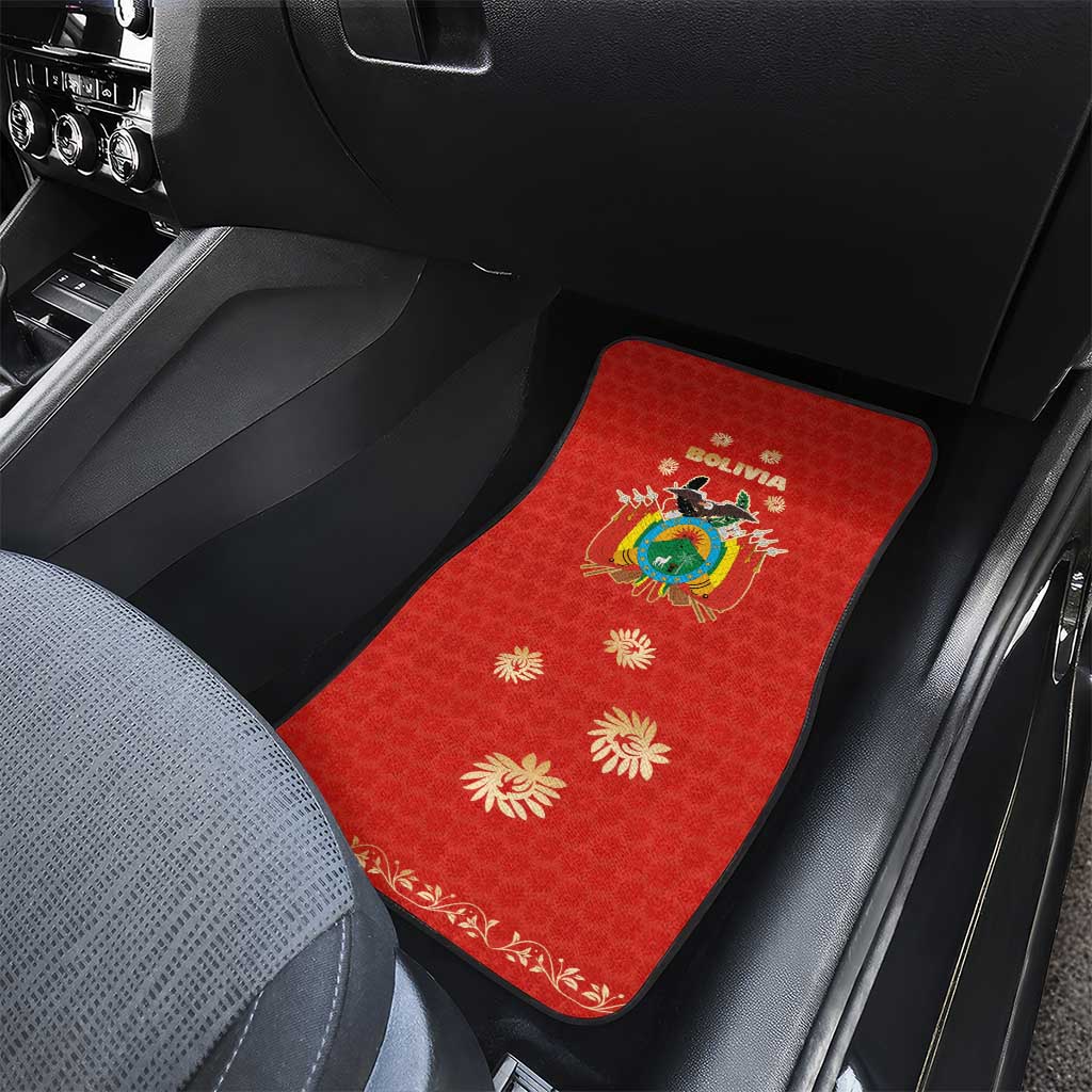 Bolivia National Emblem Car Mats with Floral Pattern and Red Folk Design