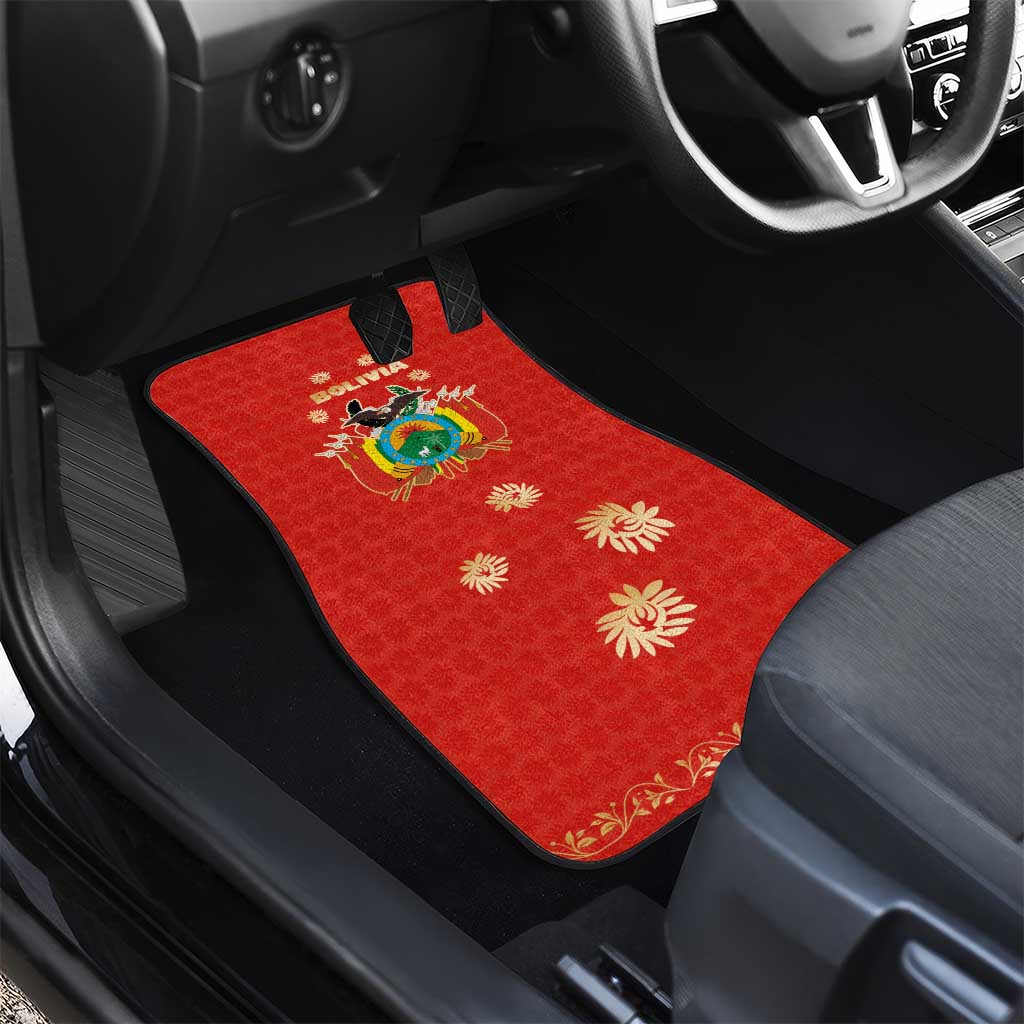 Bolivia National Emblem Car Mats with Floral Pattern and Red Folk Design