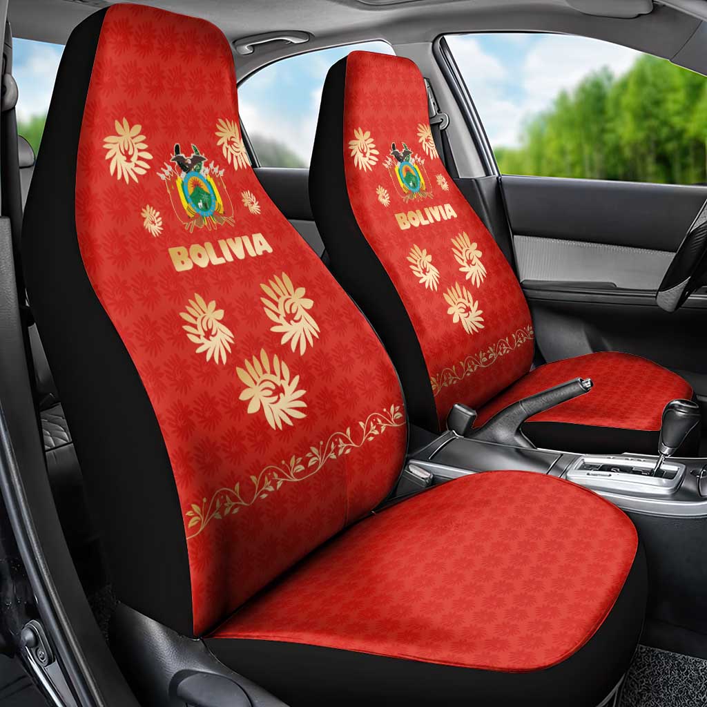 Bolivia National Emblem Car Seat Cover with Floral Pattern and Red Folk Design