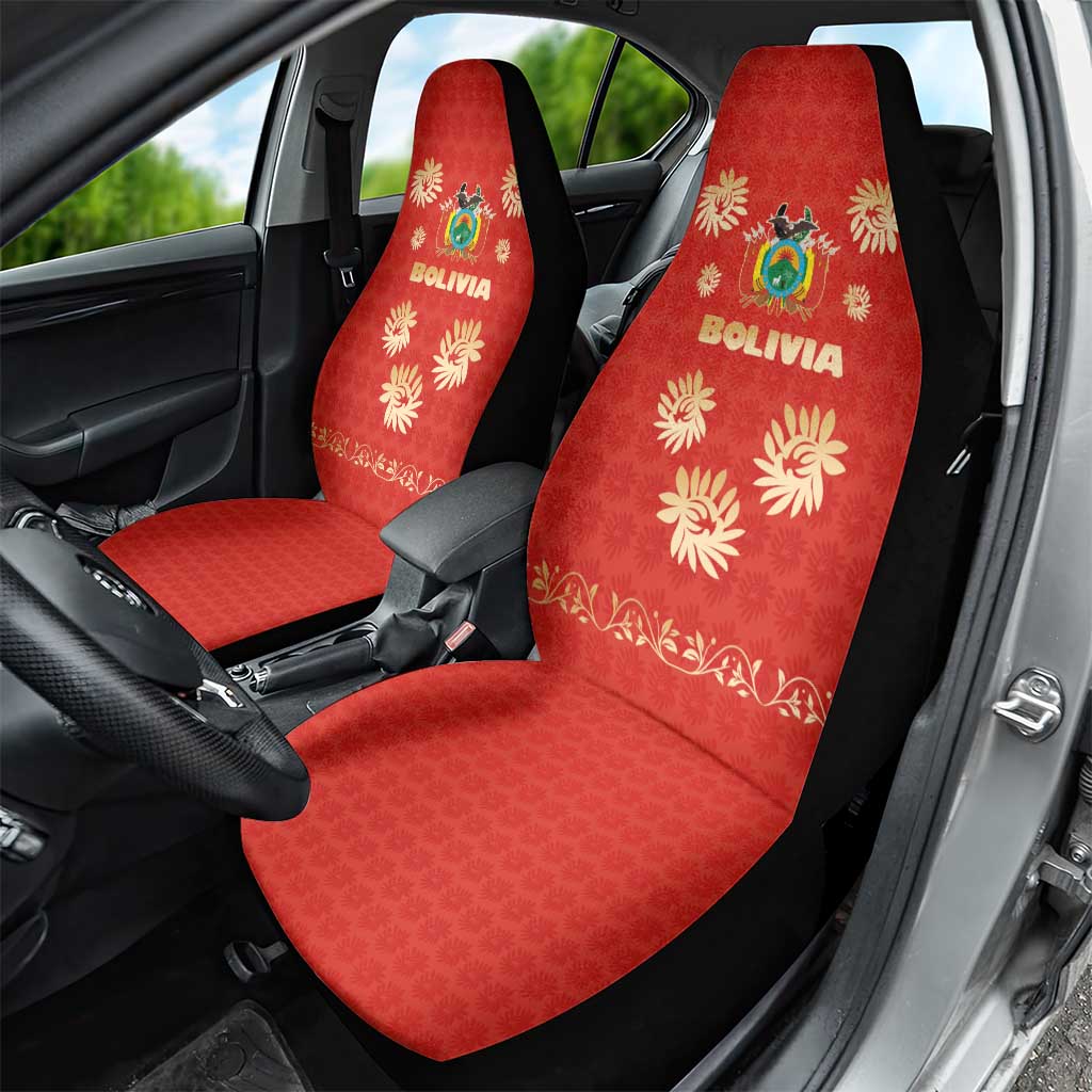 Bolivia National Emblem Car Seat Cover with Floral Pattern and Red Folk Design
