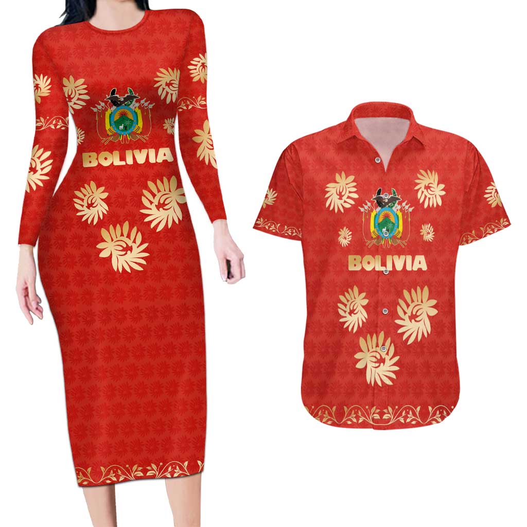 Bolivia National Emblem Couples Matching Long Sleeve Bodycon Dress and Hawaiian Shirt with Floral Pattern and Red Folk Design
