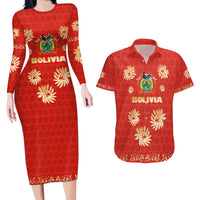 Bolivia National Emblem Couples Matching Long Sleeve Bodycon Dress and Hawaiian Shirt with Floral Pattern and Red Folk Design