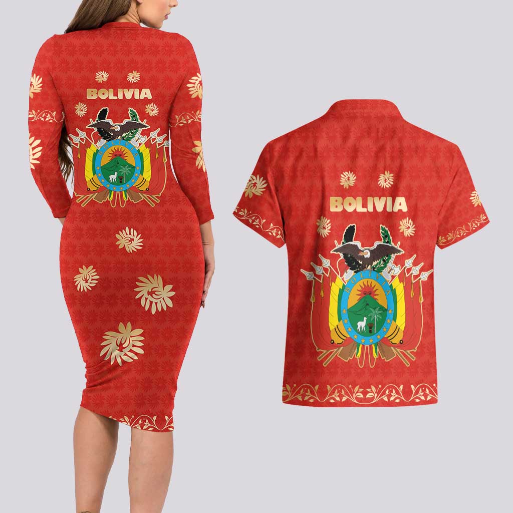 Bolivia National Emblem Couples Matching Long Sleeve Bodycon Dress and Hawaiian Shirt with Floral Pattern and Red Folk Design