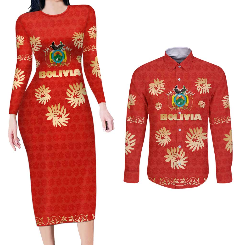 Bolivia National Emblem Couples Matching Long Sleeve Bodycon Dress and Long Sleeve Button Shirt with Floral Pattern and Red Folk Design