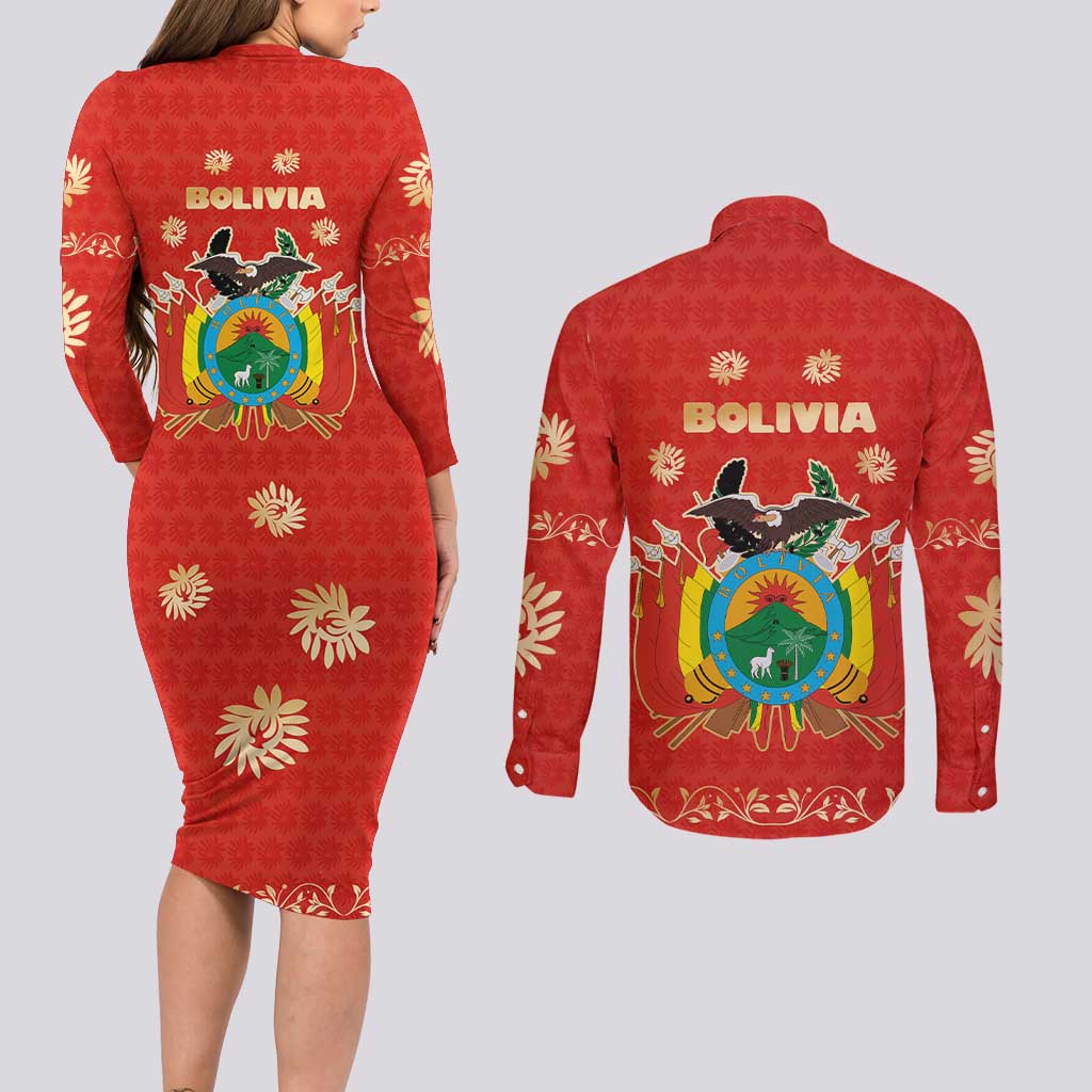Bolivia National Emblem Couples Matching Long Sleeve Bodycon Dress and Long Sleeve Button Shirt with Floral Pattern and Red Folk Design