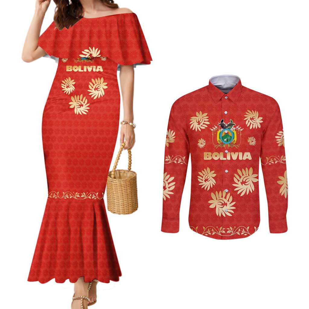 Bolivia National Emblem Couples Matching Mermaid Dress and Long Sleeve Button Shirt with Floral Pattern and Red Folk Design