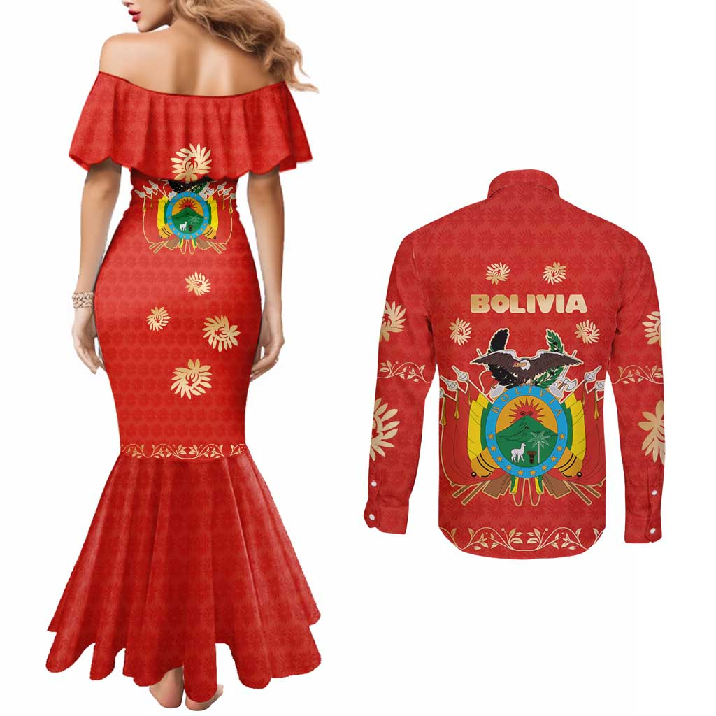 Bolivia National Emblem Couples Matching Mermaid Dress and Long Sleeve Button Shirt with Floral Pattern and Red Folk Design