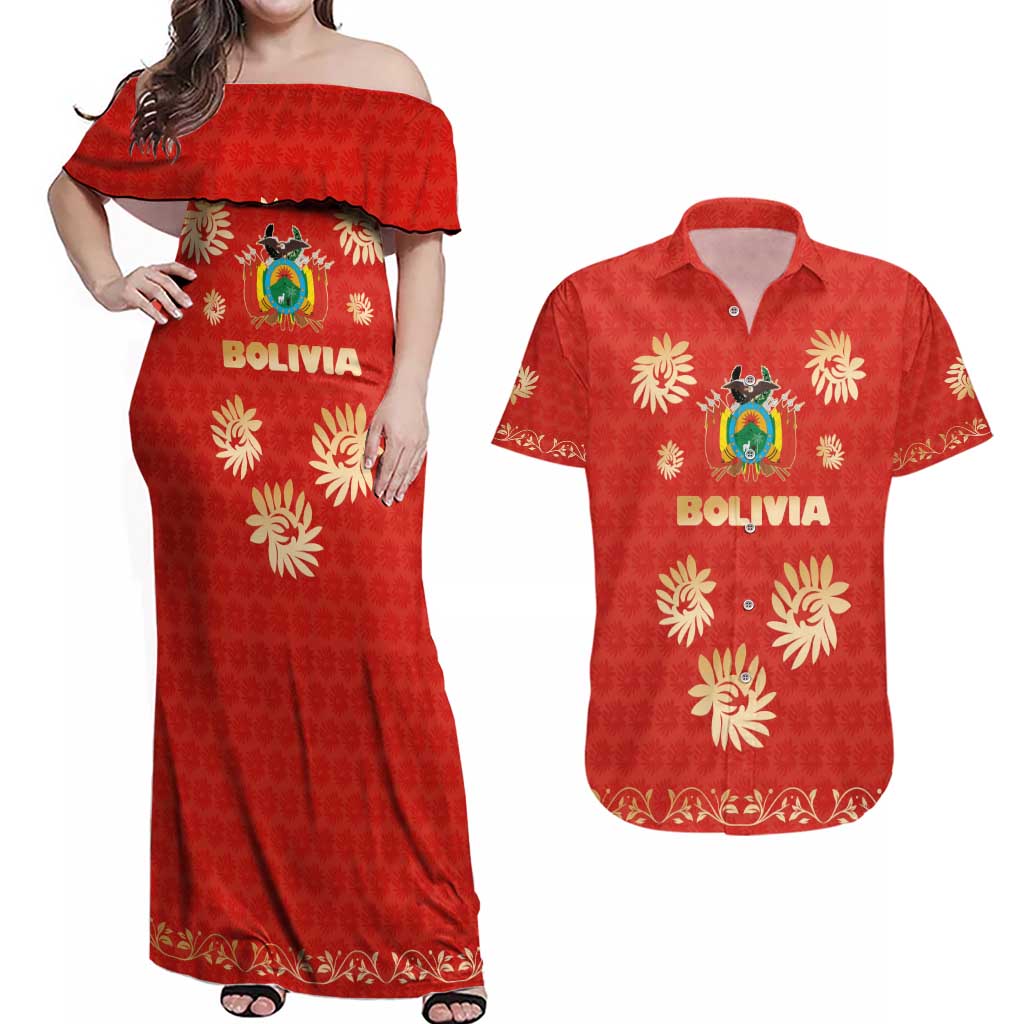 Bolivia National Emblem Couples Matching Off Shoulder Maxi Dress and Hawaiian Shirt with Floral Pattern and Red Folk Design