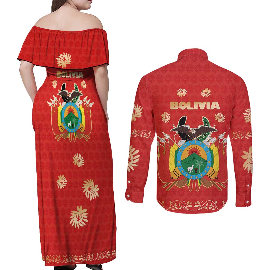Bolivia National Emblem Couples Matching Off Shoulder Maxi Dress and Long Sleeve Button Shirt with Floral Pattern and Red Folk Design
