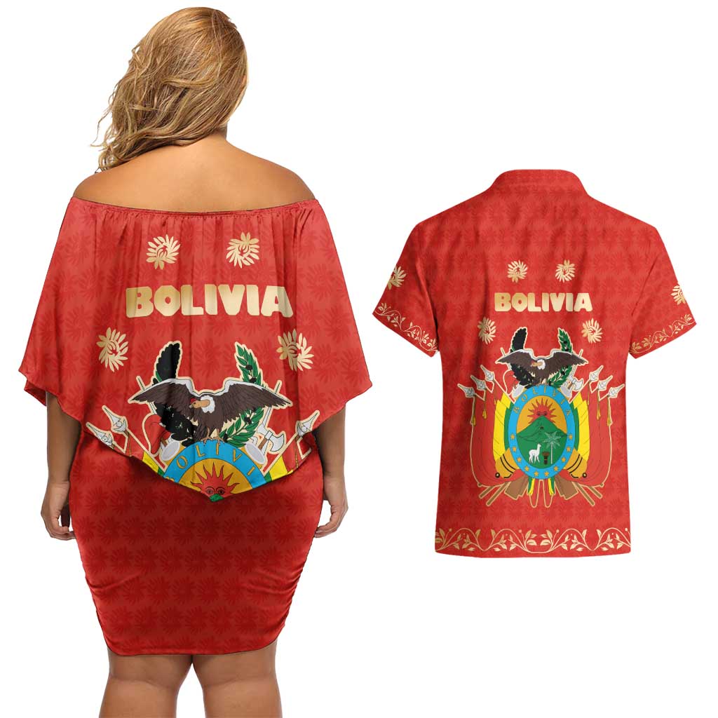 Bolivia National Emblem Couples Matching Off Shoulder Short Dress and Hawaiian Shirt with Floral Pattern and Red Folk Design