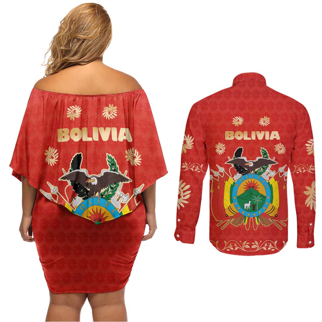 Bolivia National Emblem Couples Matching Off Shoulder Short Dress and Long Sleeve Button Shirt with Floral Pattern and Red Folk Design