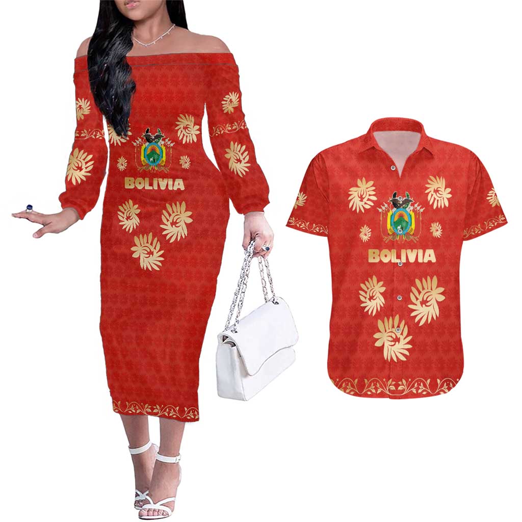 Bolivia National Emblem Couples Matching Off The Shoulder Long Sleeve Dress and Hawaiian Shirt with Floral Pattern and Red Folk Design