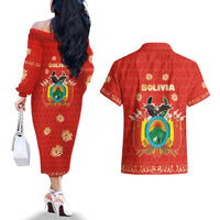 Bolivia National Emblem Couples Matching Off The Shoulder Long Sleeve Dress and Hawaiian Shirt with Floral Pattern and Red Folk Design