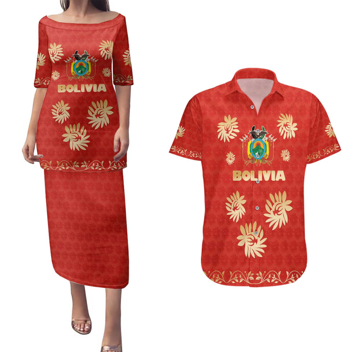 Bolivia National Emblem Couples Matching Puletasi and Hawaiian Shirt with Floral Pattern and Red Folk Design
