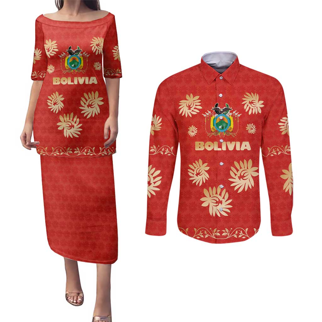Bolivia National Emblem Couples Matching Puletasi and Long Sleeve Button Shirt with Floral Pattern and Red Folk Design