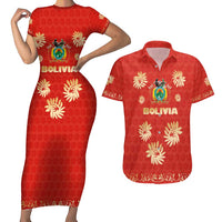 Bolivia National Emblem Couples Matching Short Sleeve Bodycon Dress and Hawaiian Shirt with Floral Pattern and Red Folk Design