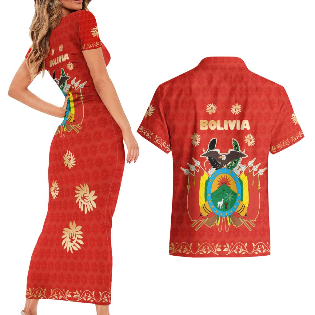 Bolivia National Emblem Couples Matching Short Sleeve Bodycon Dress and Hawaiian Shirt with Floral Pattern and Red Folk Design