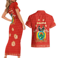 Bolivia National Emblem Couples Matching Short Sleeve Bodycon Dress and Hawaiian Shirt with Floral Pattern and Red Folk Design