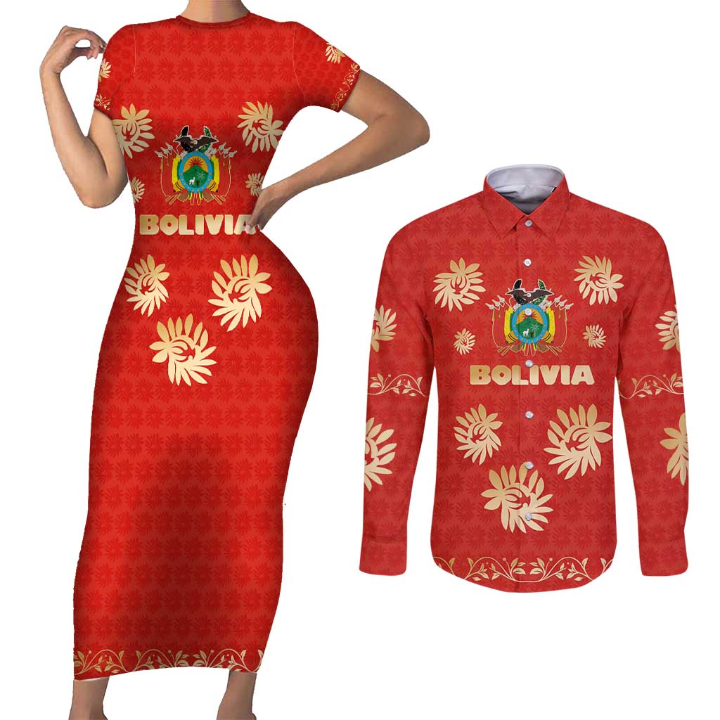 Bolivia National Emblem Couples Matching Short Sleeve Bodycon Dress and Long Sleeve Button Shirt with Floral Pattern and Red Folk Design