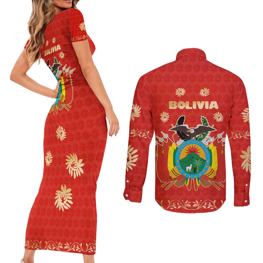 Bolivia National Emblem Couples Matching Short Sleeve Bodycon Dress and Long Sleeve Button Shirt with Floral Pattern and Red Folk Design