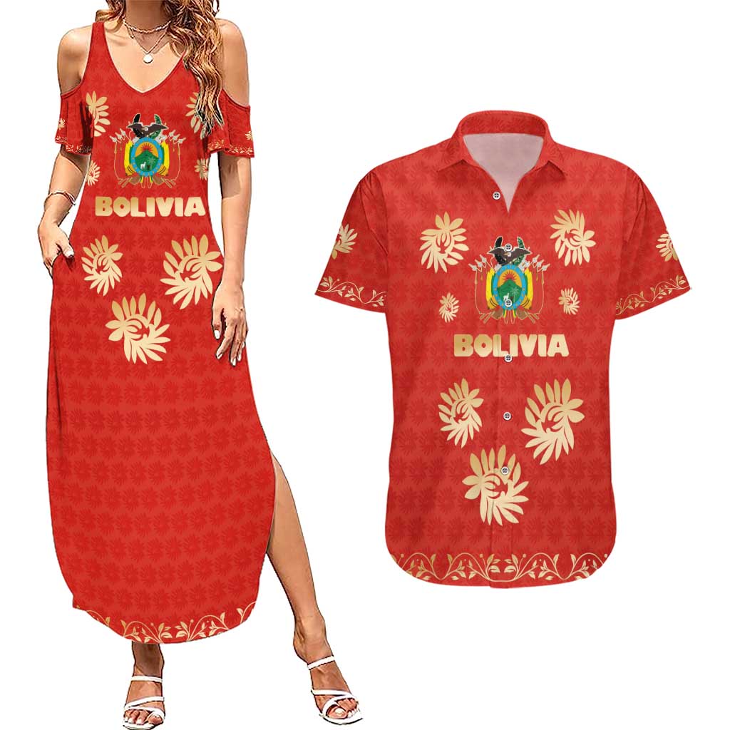 Bolivia National Emblem Couples Matching Summer Maxi Dress and Hawaiian Shirt with Floral Pattern and Red Folk Design