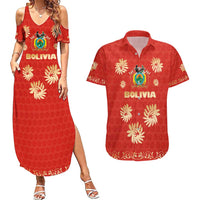Bolivia National Emblem Couples Matching Summer Maxi Dress and Hawaiian Shirt with Floral Pattern and Red Folk Design