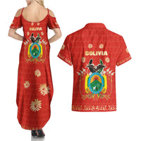 Bolivia National Emblem Couples Matching Summer Maxi Dress and Hawaiian Shirt with Floral Pattern and Red Folk Design