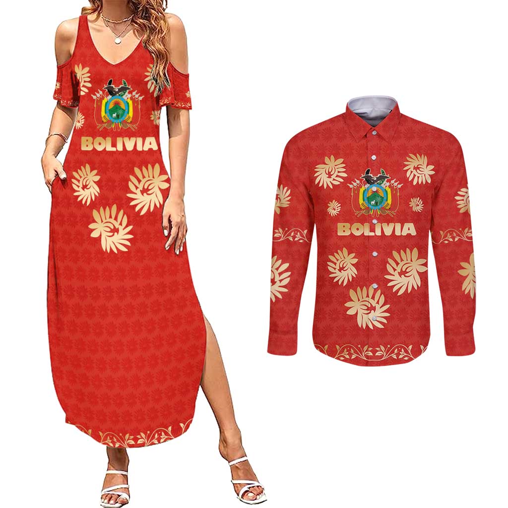 Bolivia National Emblem Couples Matching Summer Maxi Dress and Long Sleeve Button Shirt with Floral Pattern and Red Folk Design