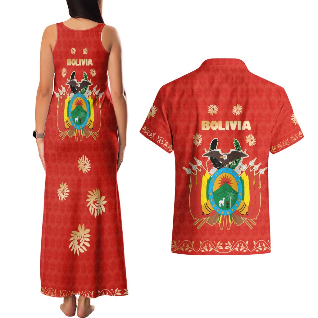 Bolivia National Emblem Couples Matching Tank Maxi Dress and Hawaiian Shirt with Floral Pattern and Red Folk Design