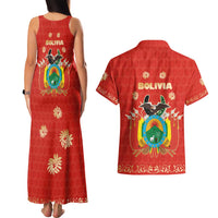 Bolivia National Emblem Couples Matching Tank Maxi Dress and Hawaiian Shirt with Floral Pattern and Red Folk Design