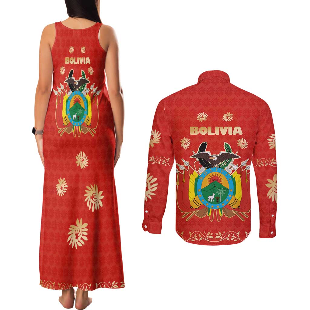 Bolivia National Emblem Couples Matching Tank Maxi Dress and Long Sleeve Button Shirt with Floral Pattern and Red Folk Design